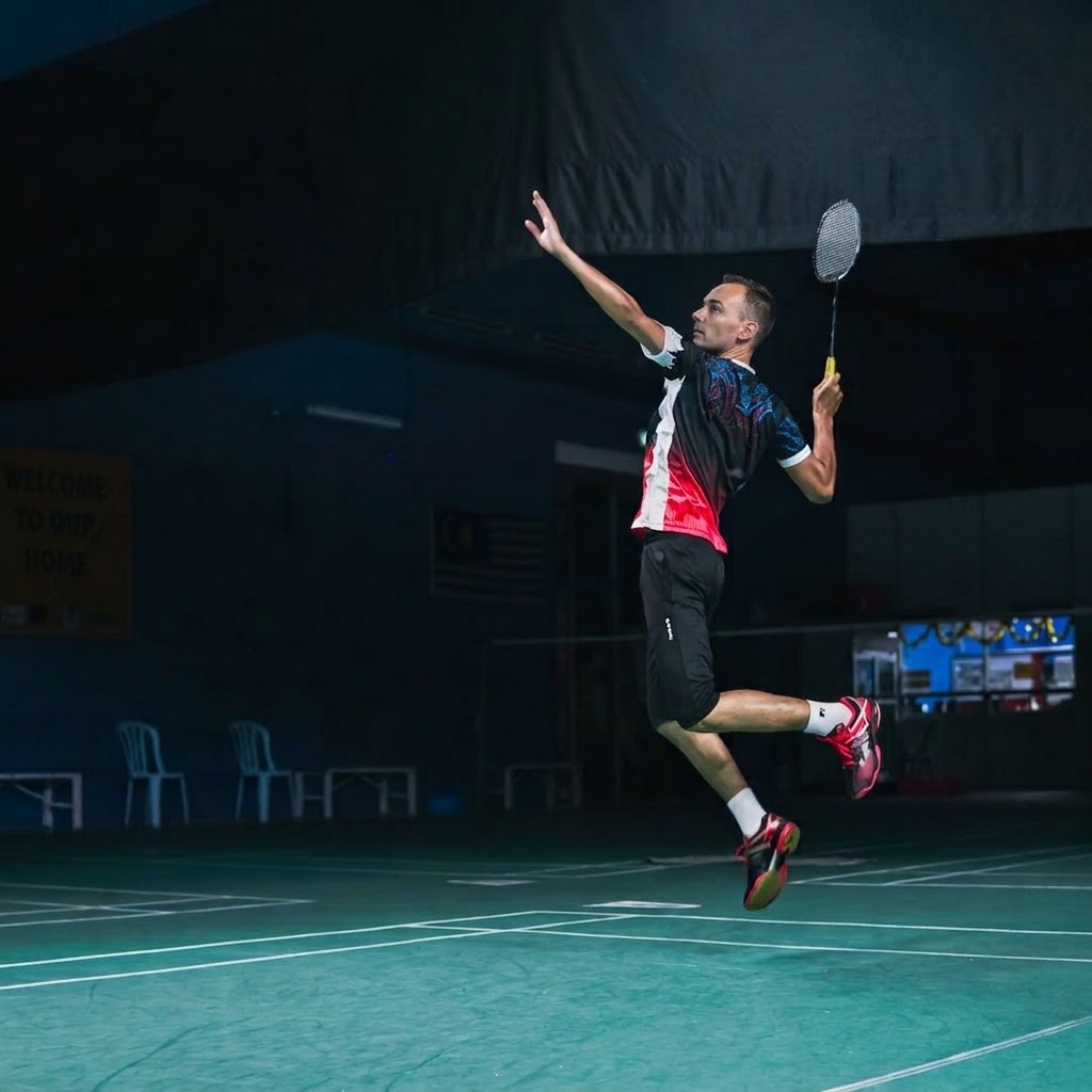 Joueur sur le terrain du Badminton Club Mettet